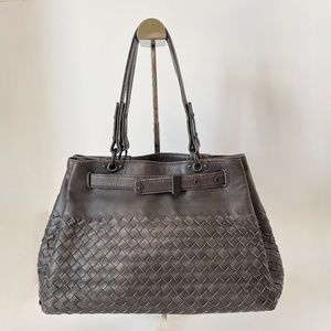 Bottega Veneta Intrecciato Belted Tote Bag Dark Gray Leather